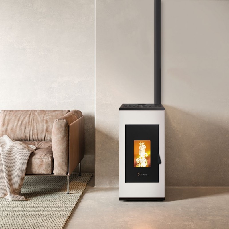 Stufa a pellet ermetica TermoVana Sofia 9 UP Bianco Opaco con uscita fumi superiore, 8kW