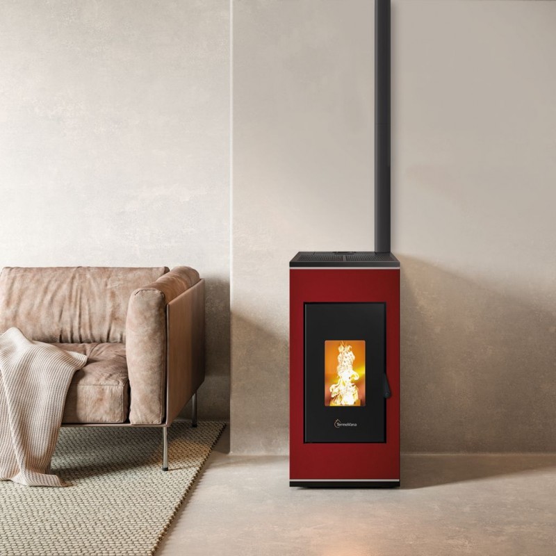 Stufa a pellet ermetica TermoVana Sofia 9 UP Bordeaux Vintage con uscita fumi superiore, 8kW