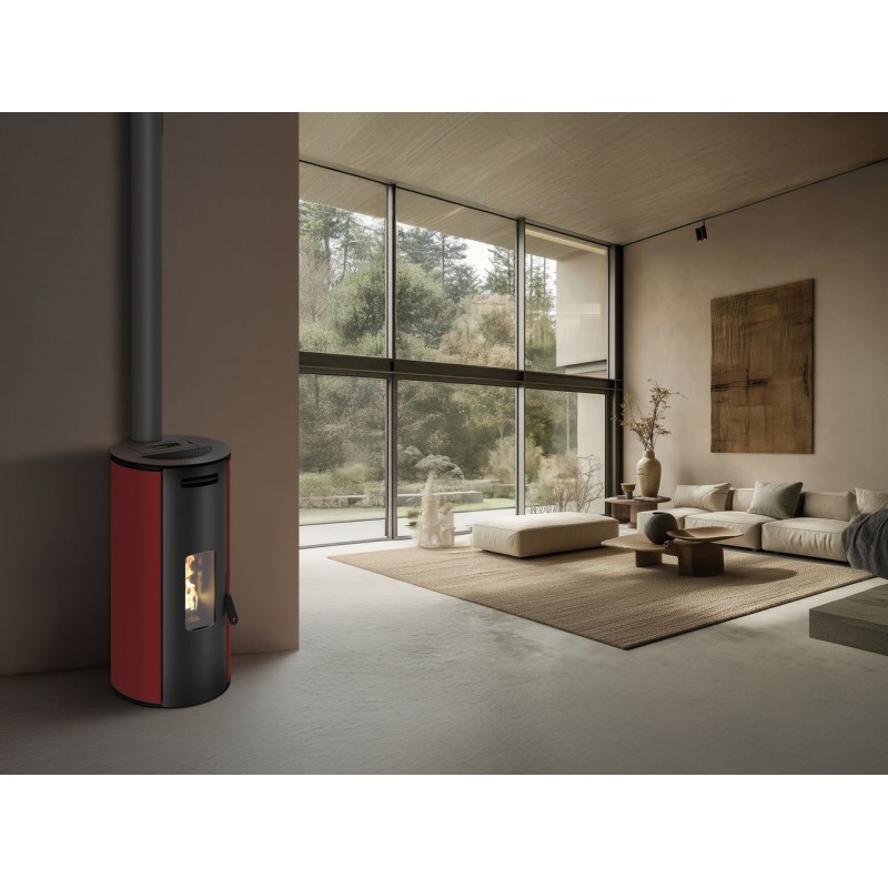 Stufa a pellet ermetica TermoVana Louvre 9 PJ Bordeaux Vintage con scarico superiore Poujoulat, 8,8kW