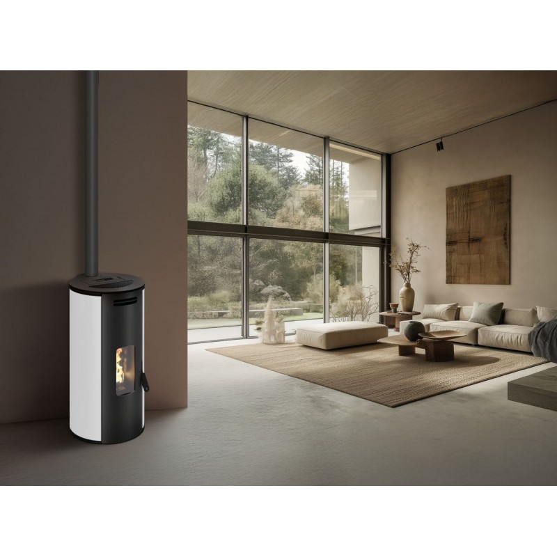 Stufa a pellet ermetica TermoVana Louvre 9 UP Bianco Opaco con sarico superiore, 8,8kW