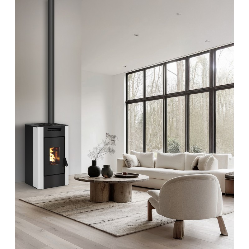 Stufa a pellet ermetica TermoVana Maria 9 UP Bianco Opaco con uscita fumi superiore, 8kW -1