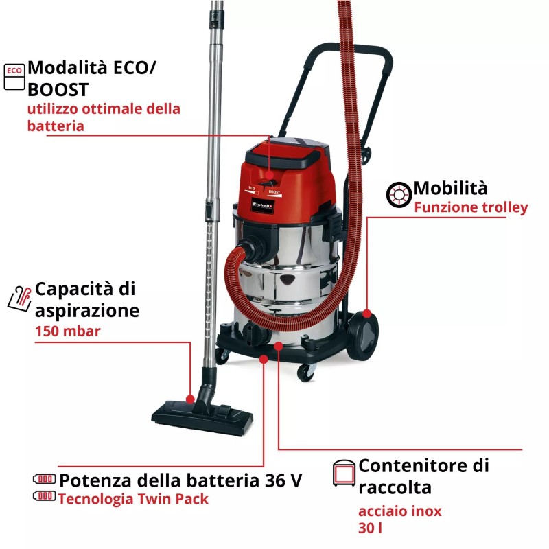 EINHELL ASPIRASOLIDI E LIQUIDI A BATTERIA TE-VC 36/30 Li S-Solo
