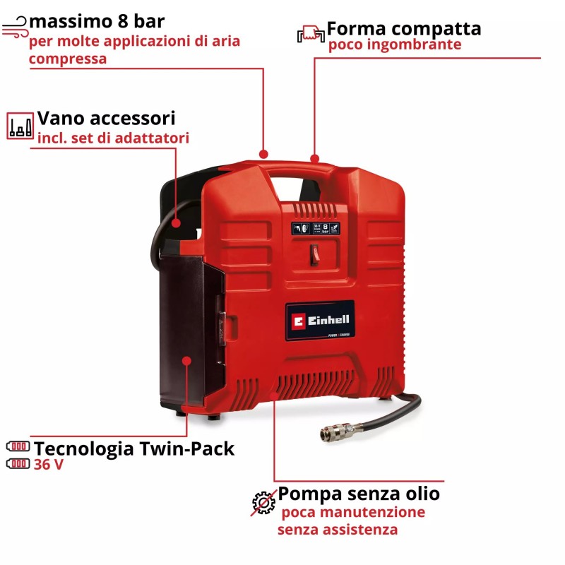 EINHELL COMPRESSORE A VALIGETTA A BATTERIA TE-AC 36/8 LI OF SET-SOLO