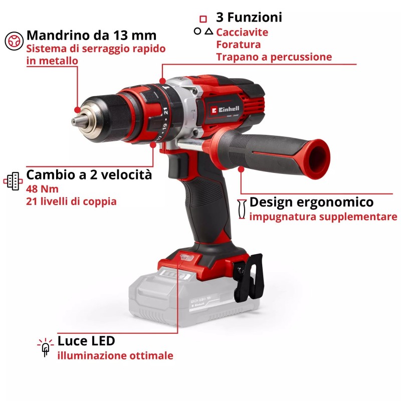 EINHELL TRAPANO A PERCUSSIONE A BATTERIA TE-CD 18/48 Li-i-Solo