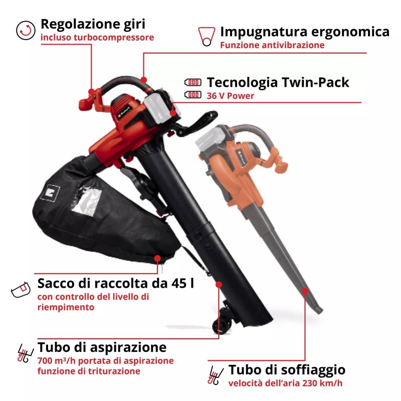 EINHELL SOFFIATORE E ASPIRATORE PER FOGLIE GE-CL 36/230 Li E-Solo