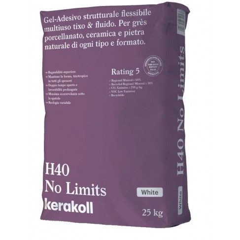 Adesivo strutturale Kerakoll H40 No Limits Bianco per grès porcellanato, ceramica e pietra naturale (sacco da 25 Kg)