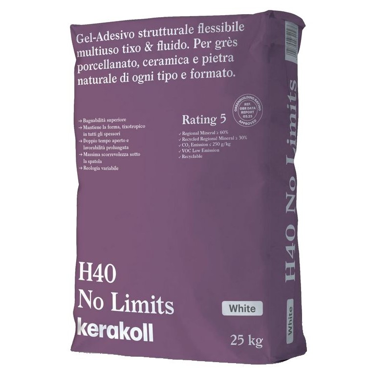 Adesivo strutturale Kerakoll H40 No Limits Bianco per grès porcellanato, ceramica e pietra naturale (sacco da 25 Kg)